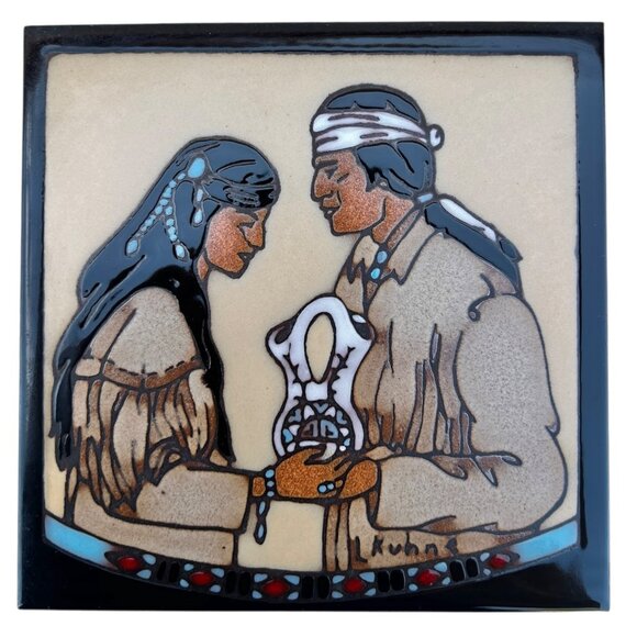 Signed L Kuhne Handmade Ceramic Tile Trivet 6x6 Wedding Vase Legend Southwest - Picture 1 of 5